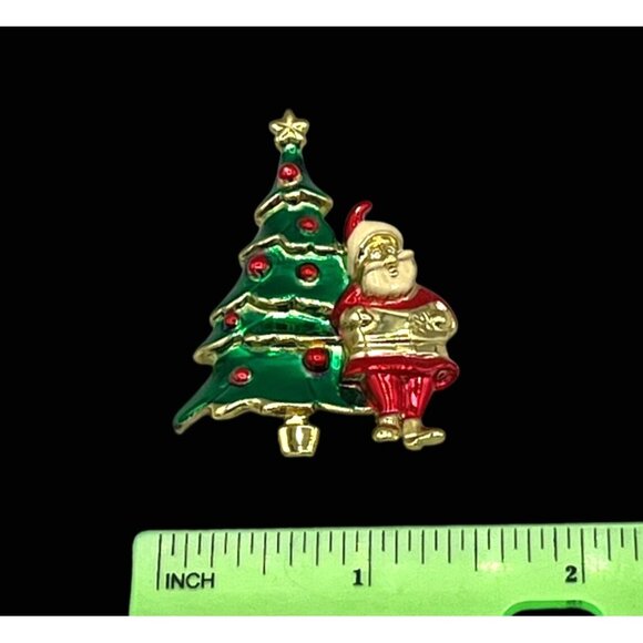 Vintage AJC Santa and Christmas Tree Enamel Pin Brooch Festive Holiday Gift 2" - Picture 7 of 8